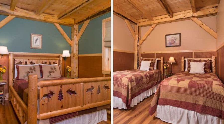 A side-by-side comparison of two rustic-themed bedrooms featuring wooden furniture and cozy decor.