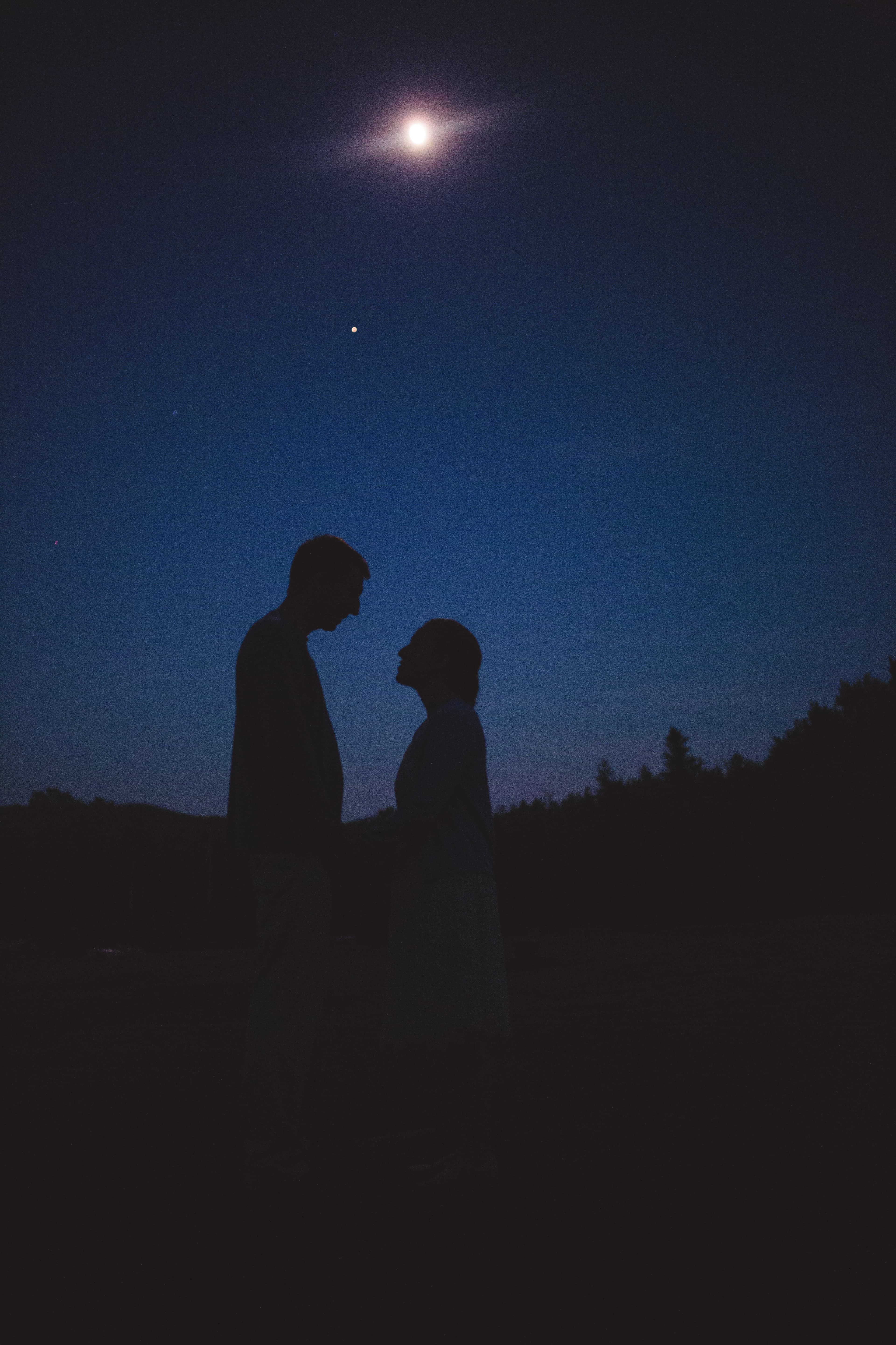 Silhouetted couple standing face to face under a moonlit sky.