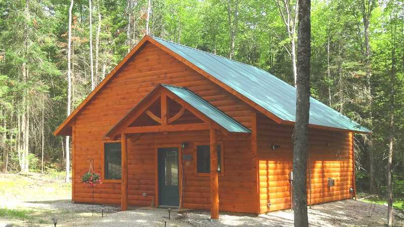 A wood-sided cabin with a gabled roof and a timber-framed front porch, surrounded by lush green trees in a dense forest during the summer.