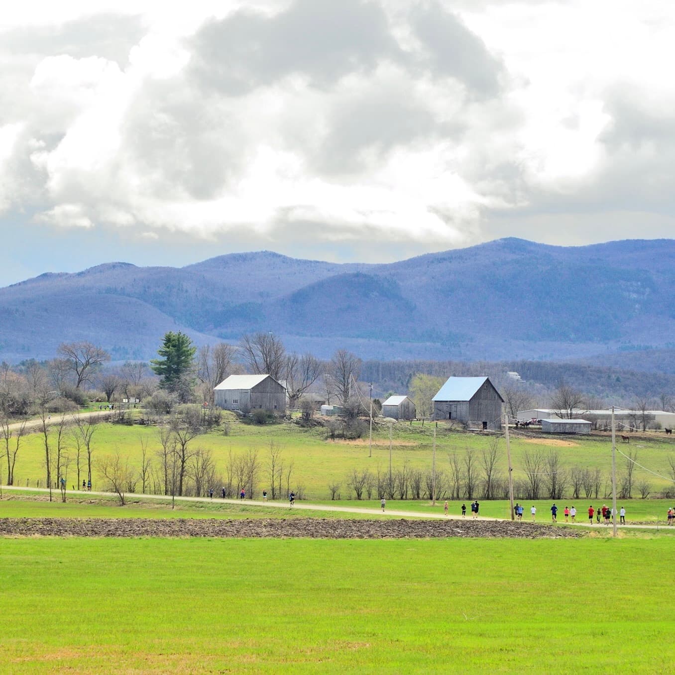 A lush green field with runners in the foreground, surrounded by mountains and rustic barns under a cloudy sky.