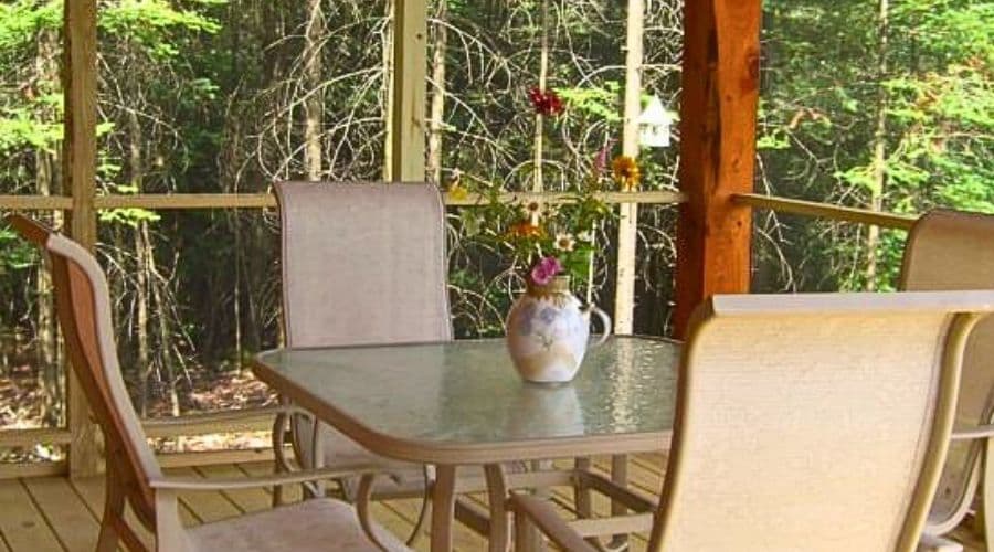 A screened porch features a table with a flower vase and four chairs surrounded by trees.