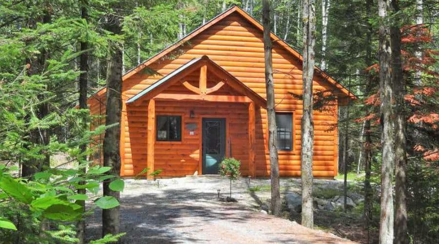A rustic orange wooden cabin nestled among tall trees.