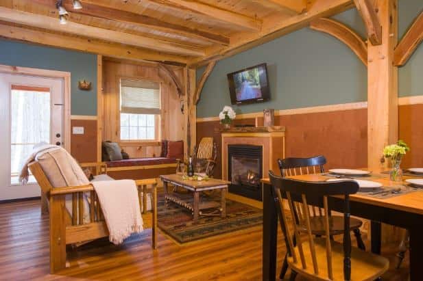 Owl's Branch living area, wood floor and ceiling, window with seat, glass door, fireplace, furniture, coffee table and TV