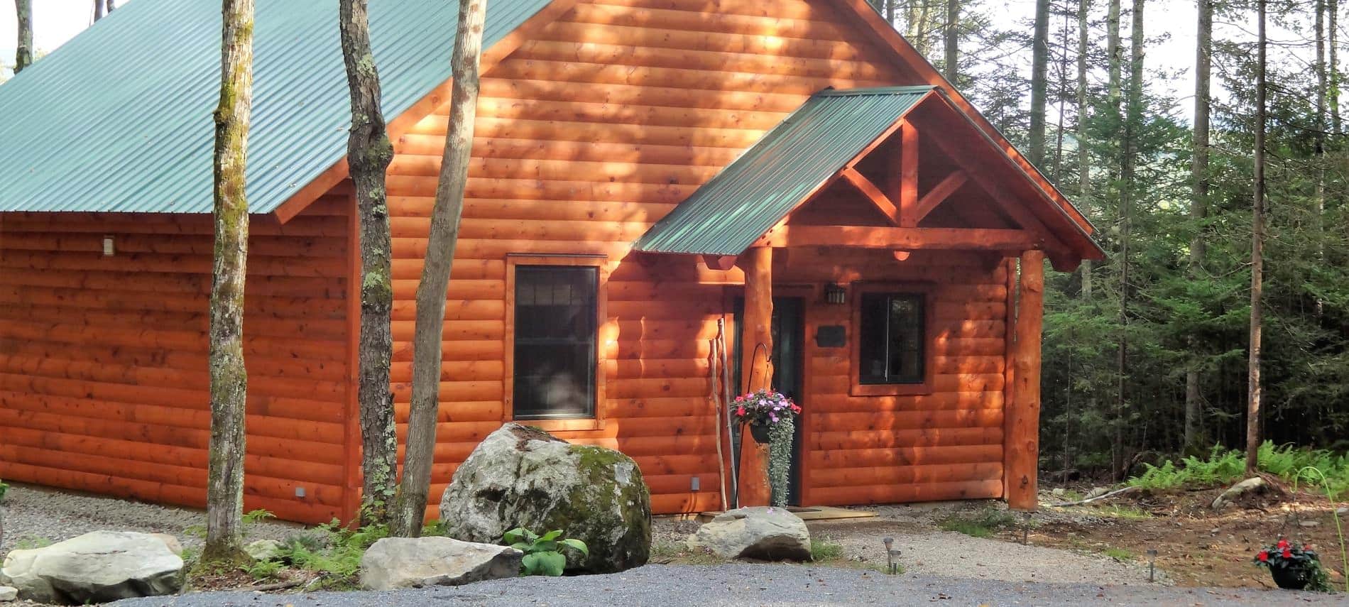 Log cabin with green metal gable roof surrounded by trees